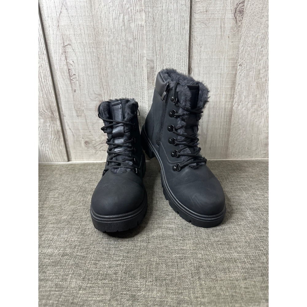 Womens Sz 7 Black Faux Fur-Lined Boots Side Zipper & Lace-Up Emo Goth Grunge